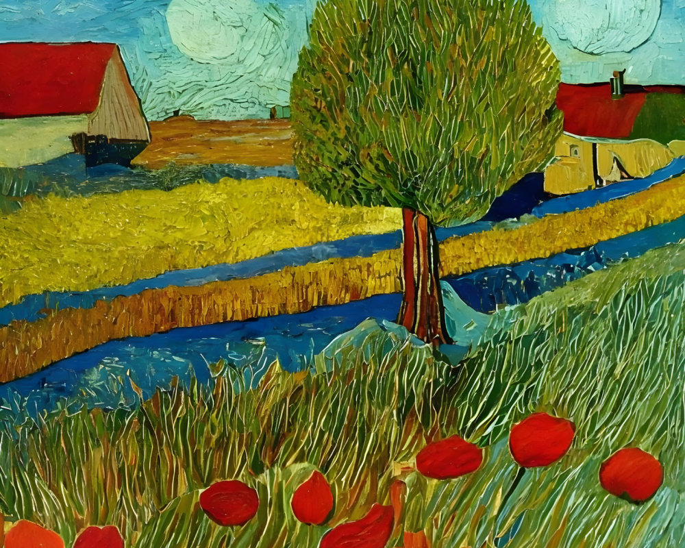 Colorful rural landscape painting with red flowers, green tree, blue river, houses, and white clouds