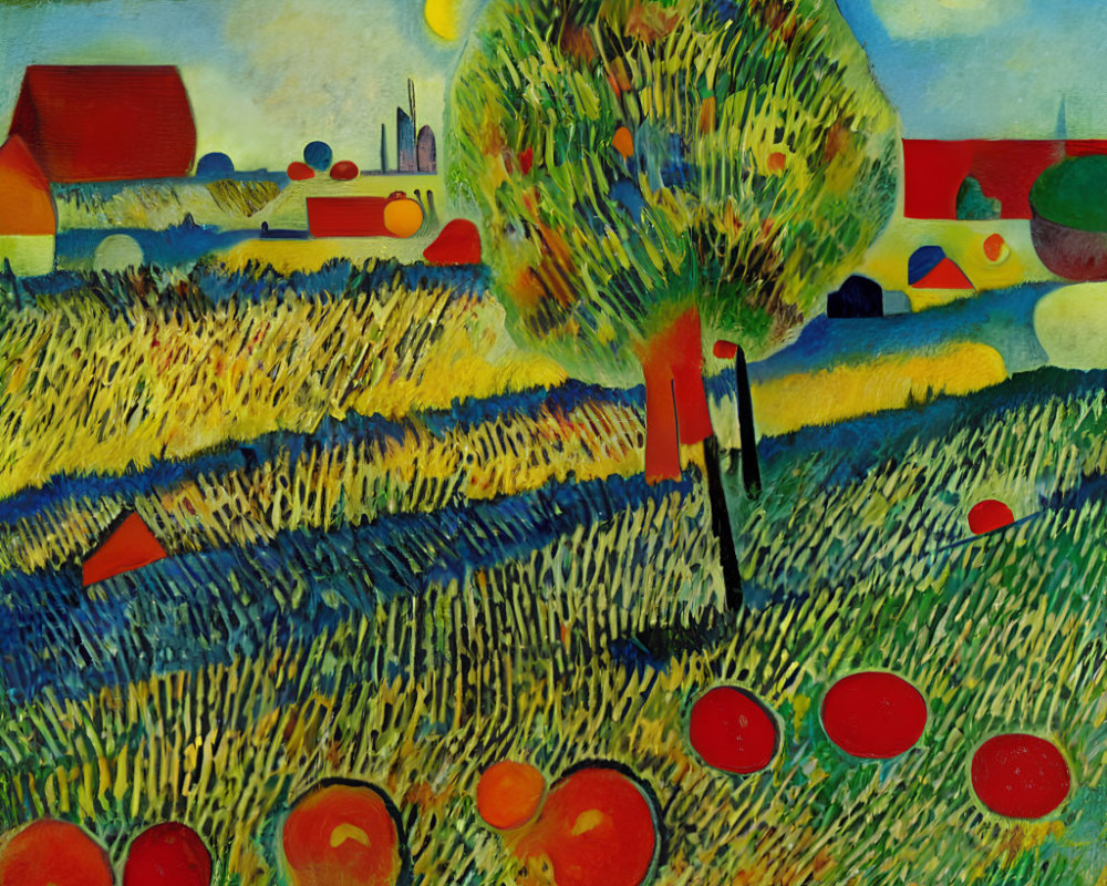 Colorful expressionist painting: stylized landscape, vibrant fields, large tree, red circles, blue