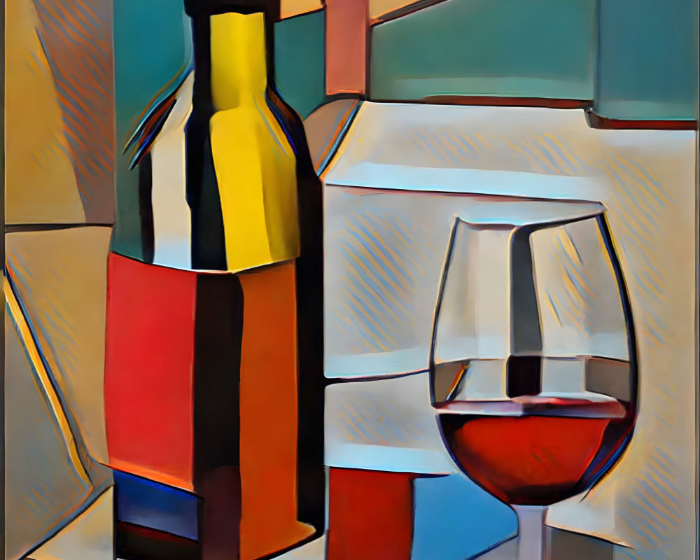 Vibrant Cubist Painting of Bottle and Wine Glass