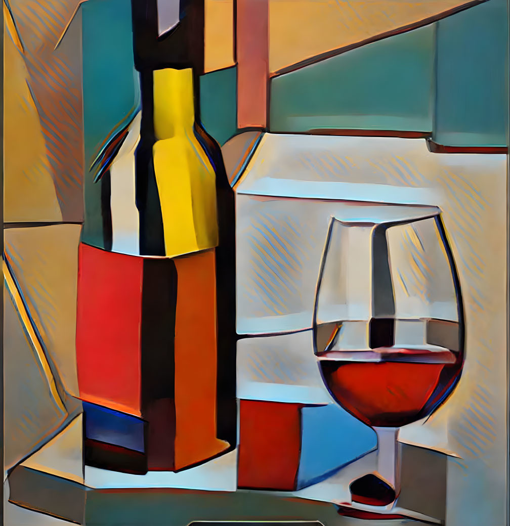 Vibrant Cubist Painting of Bottle and Wine Glass