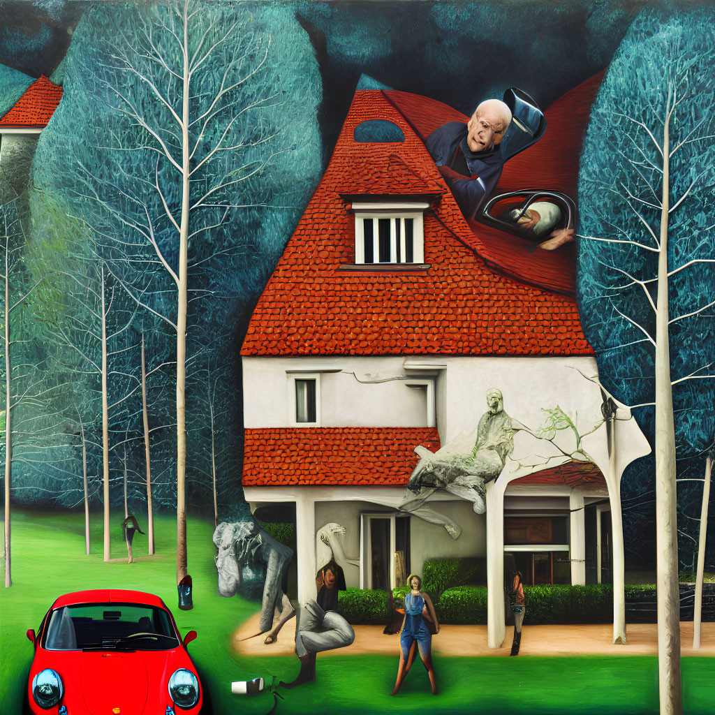 Elderly man in quirky house with surreal forest landscape