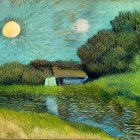 Tranquil countryside scene with boat, greenery, reflections, and celestial bodies