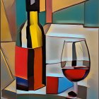 Vibrant Cubist Painting of Bottle and Wine Glass