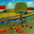 Colorful rural landscape painting with red flowers, green tree, blue river, houses, and white clouds