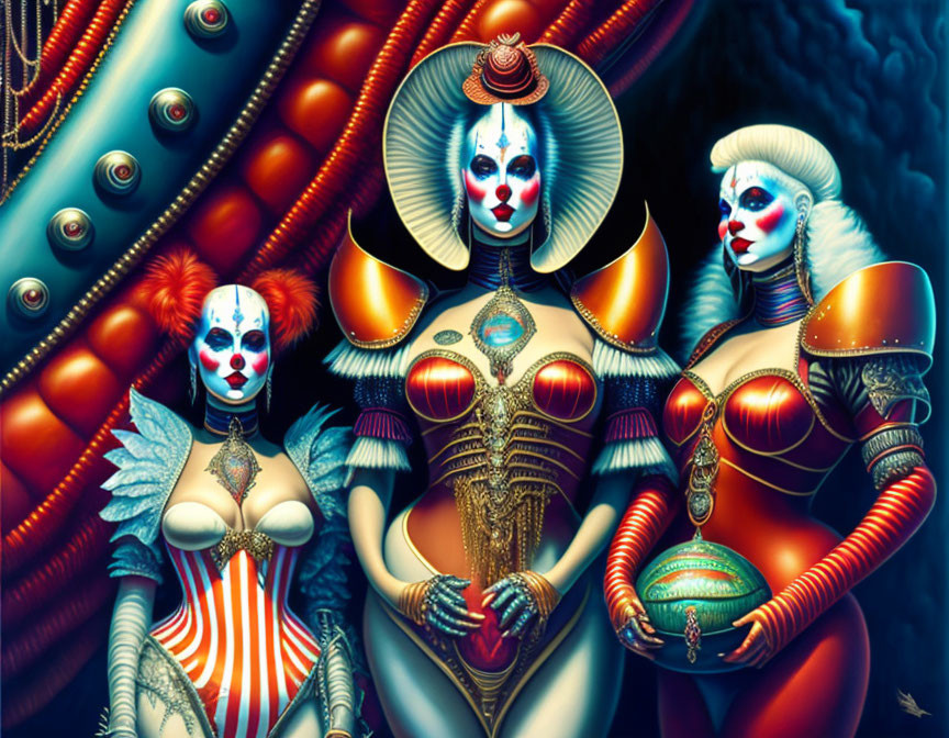 Stylized female figures in futuristic costumes on dark textured background