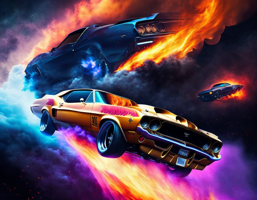 Classic Muscle Cars with Flaming Exhausts in Cosmic Space