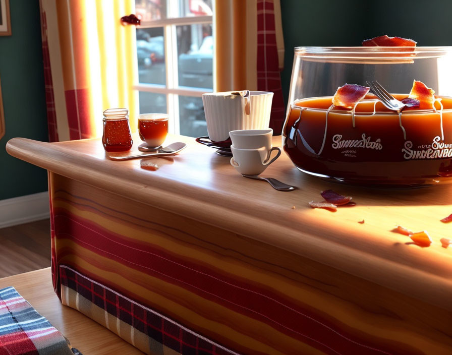 Warmly lit room with simmering pot, coffee cup, spoon, and jars of jam