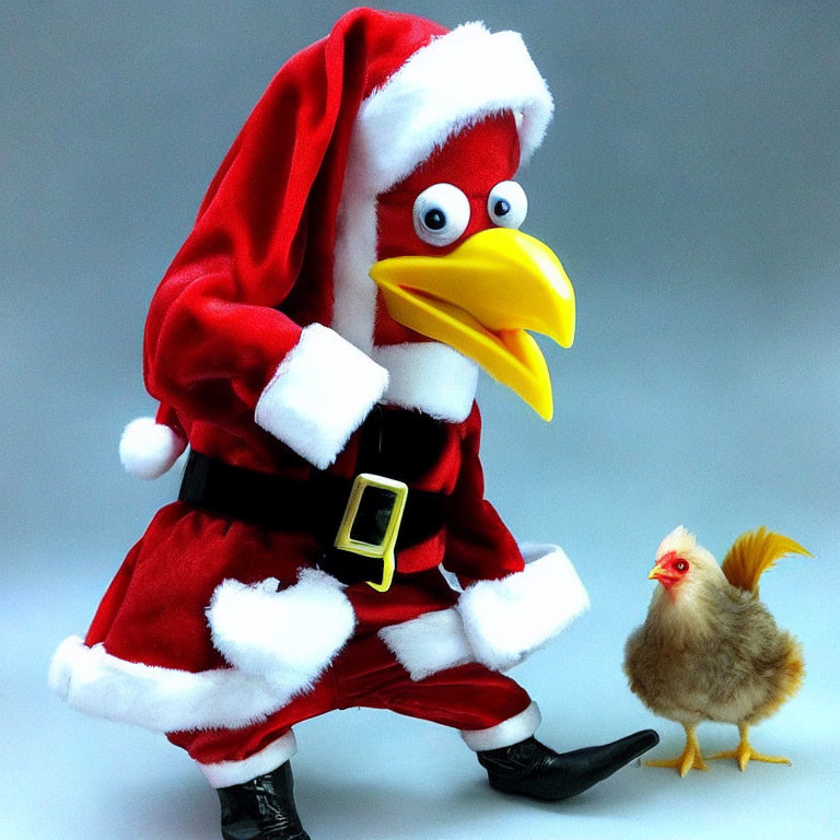 Toy Chicken Dressed as Santa Claus with Realistic Chick on Grey Background