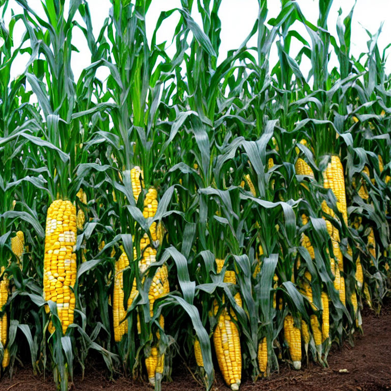 Ripe yellow corn cobs in dense cornfield, partially husked.