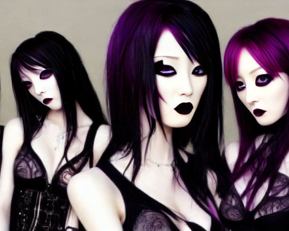 Four individuals with purple hair and gothic makeup on neutral backdrop