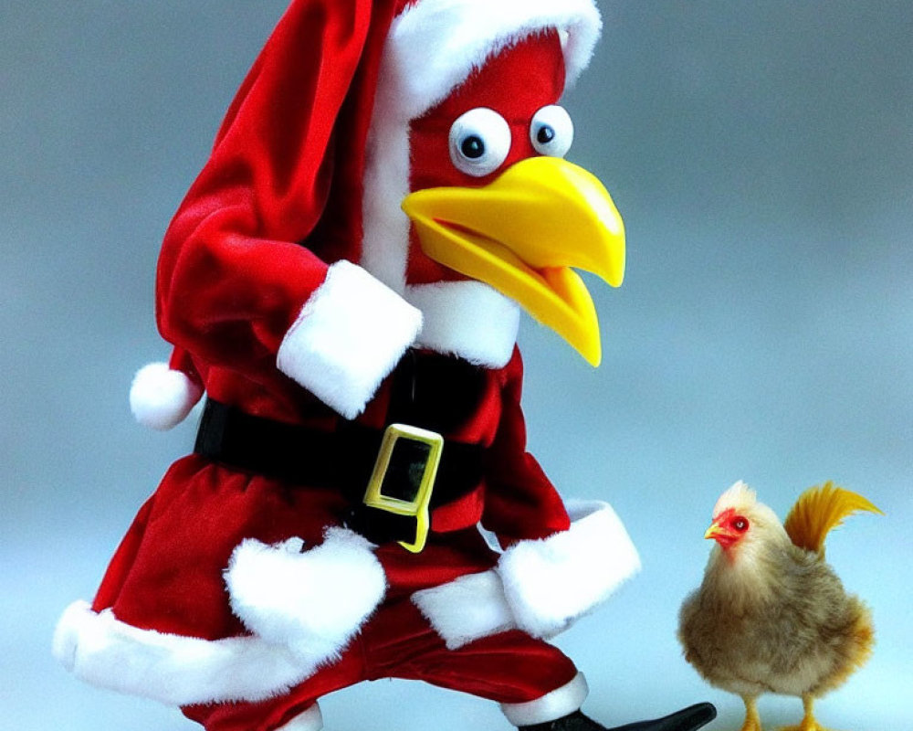 Toy Chicken Dressed as Santa Claus with Realistic Chick on Grey Background