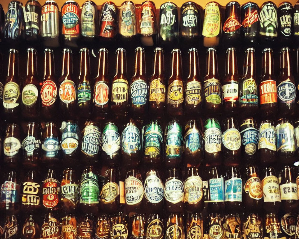 Craft beer bottles with unique labels on warm-toned shelves