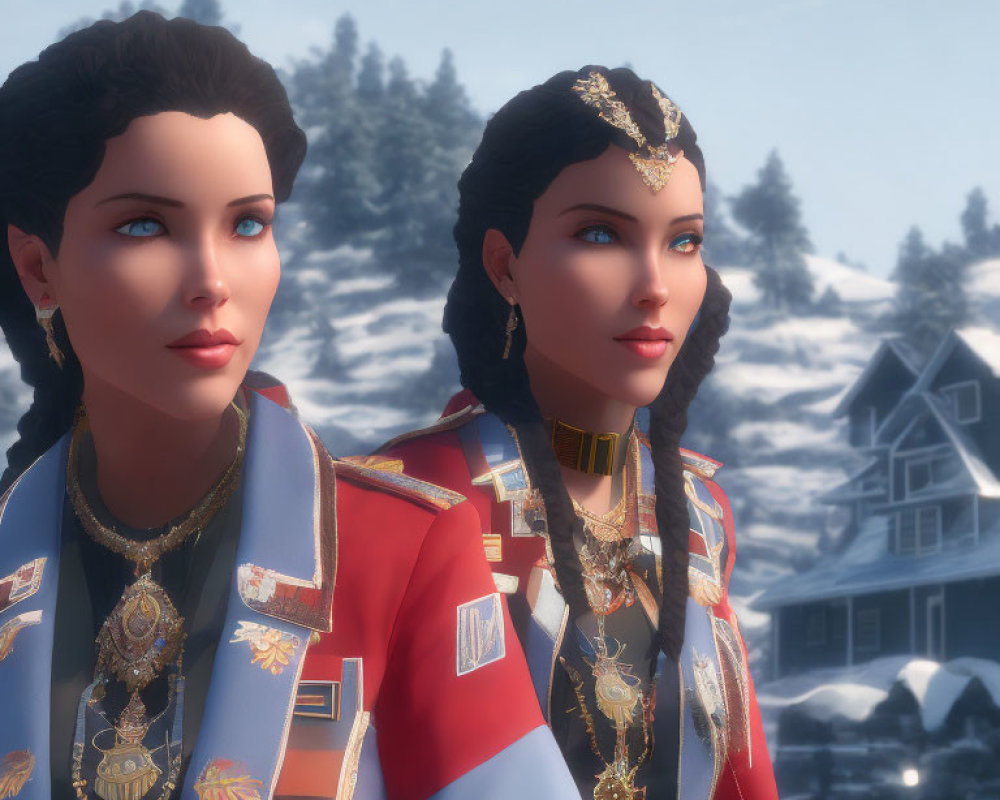 CGI-rendered women in regal attire with medals in winter landscape