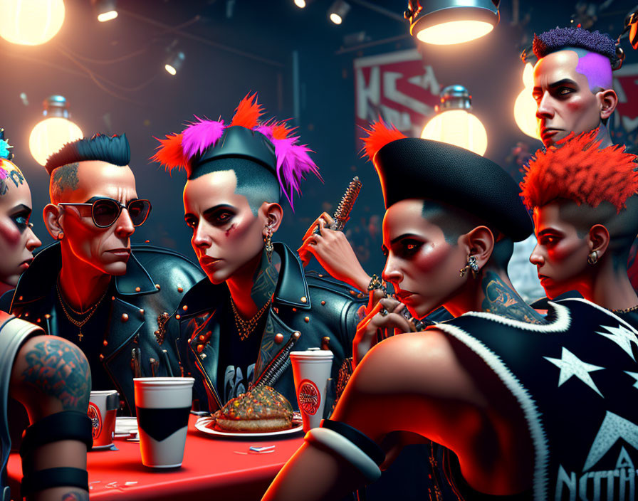 Colorful Punk Characters with Mohawks and Tattoos in Neon-Lit Diner