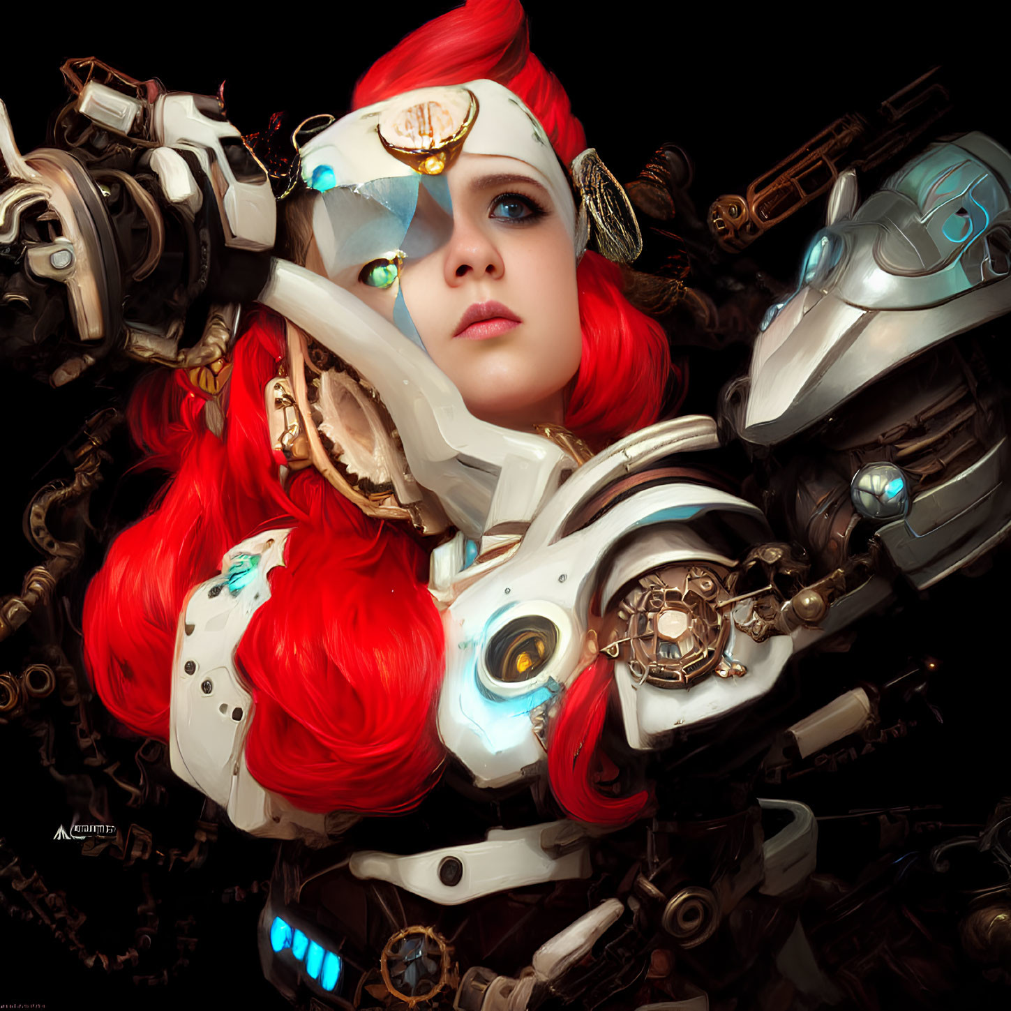 Vibrant red-haired woman in white and gold armor with blue eyes.