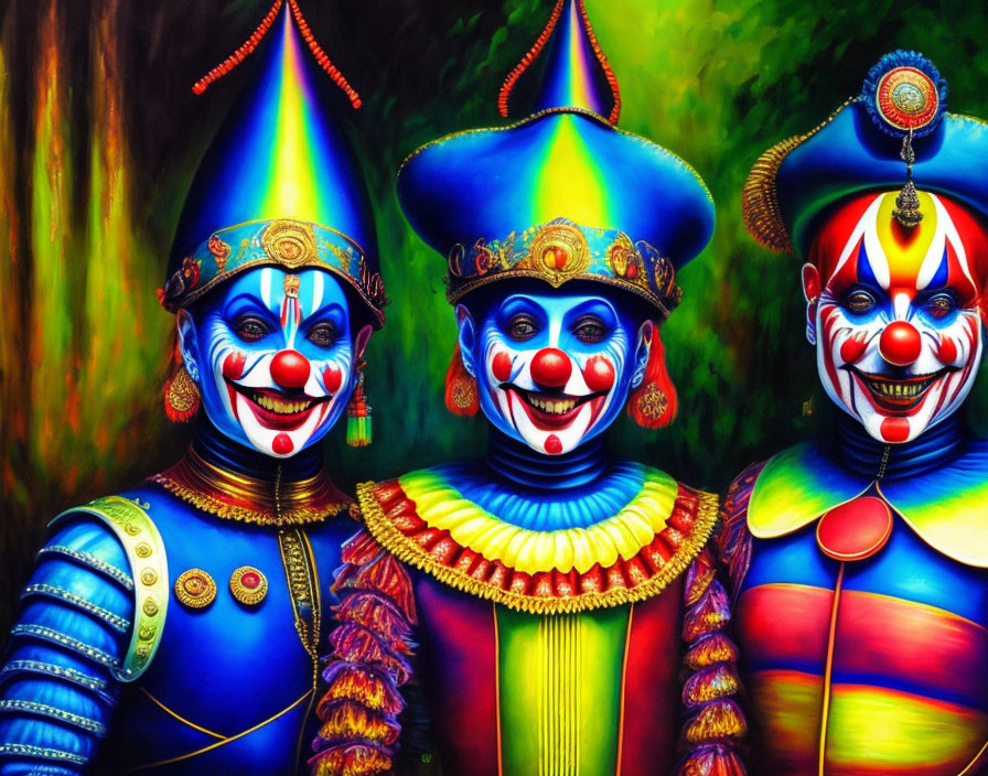 Vibrant colorful clowns in exaggerated makeup and costumes