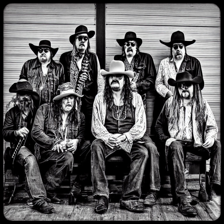 Group of Eight Men in Cowboy Hats and Leather with Long Hair and Beards