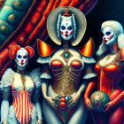 Stylized female figures in futuristic costumes on dark textured background