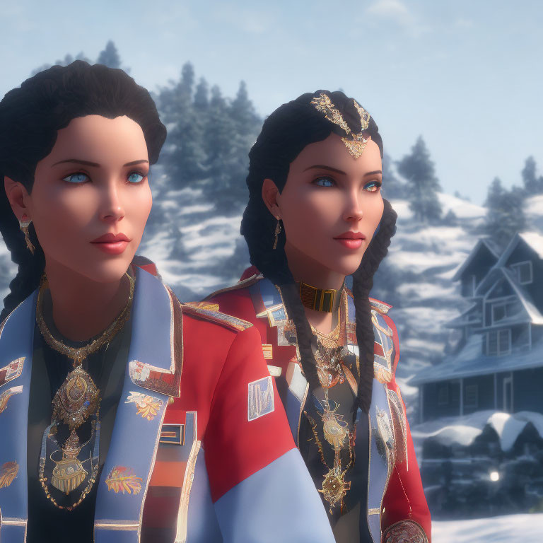 CGI-rendered women in regal attire with medals in winter landscape