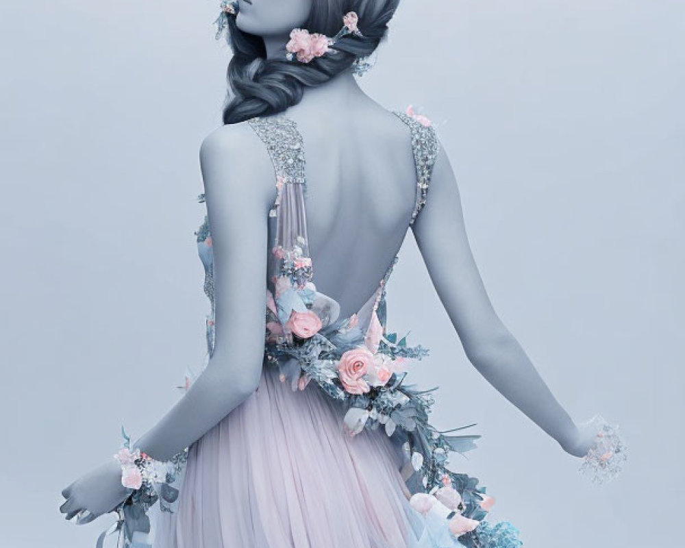 Woman in Pastel Floral Dress and Headpiece: Elegant Styling and Serene Atmosphere