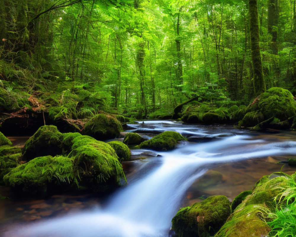 Tranquil forest stream with moss-covered rocks and lush green surroundings