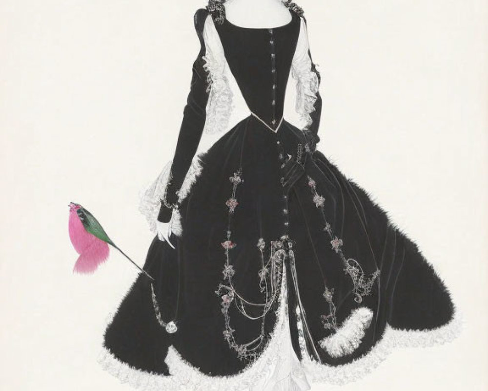 Vintage black and white dress with parasol and hat illustration