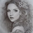 Digital illustration: Young woman with wavy hair, flower crown, blue eyes, lace dress