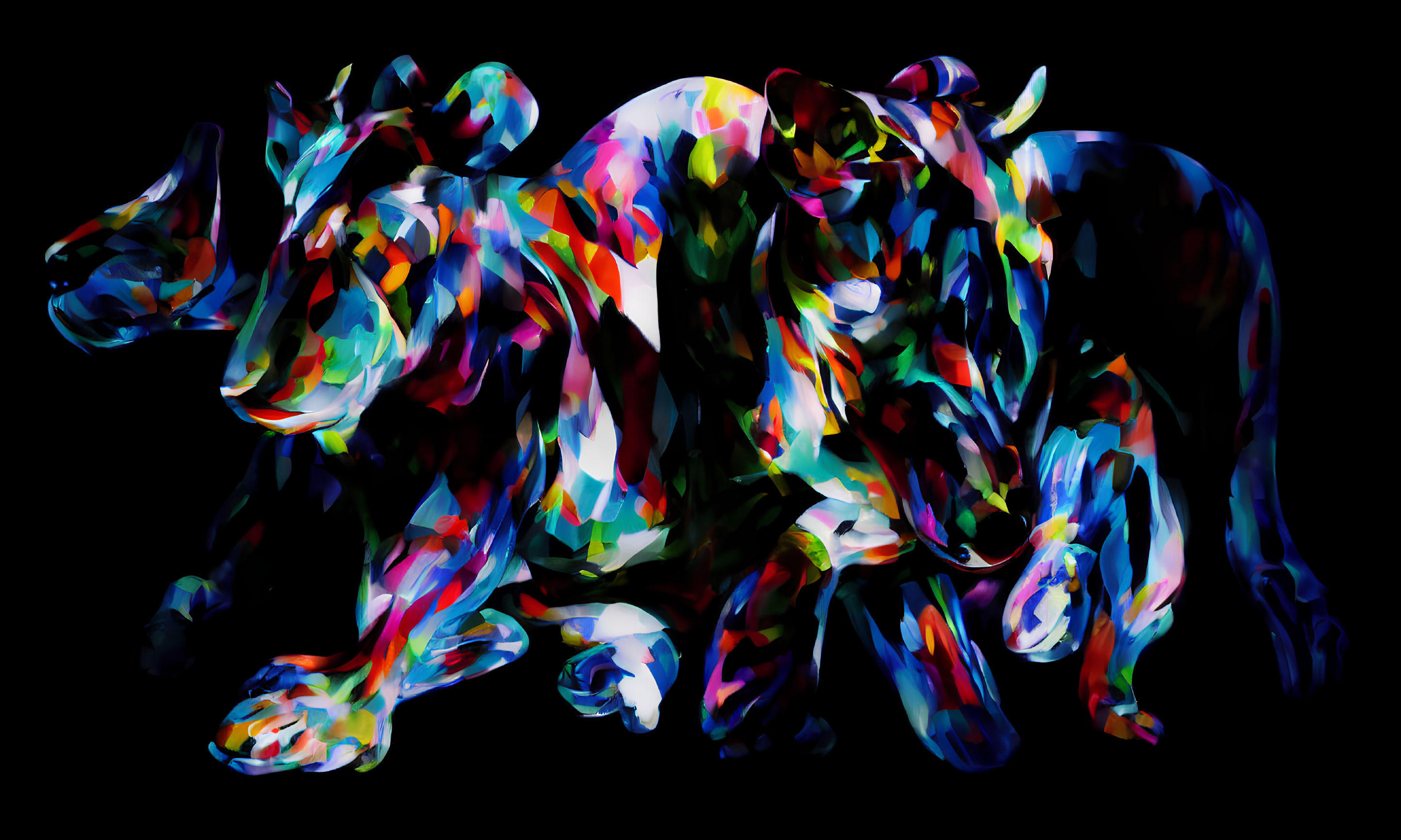 Vibrant abstract digital art: charging bull in fluid shapes