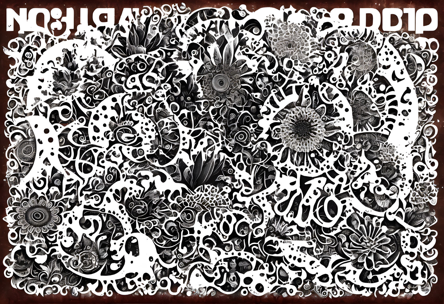 Intricate Black and White Paisley and Floral Pattern with Mirrored Words