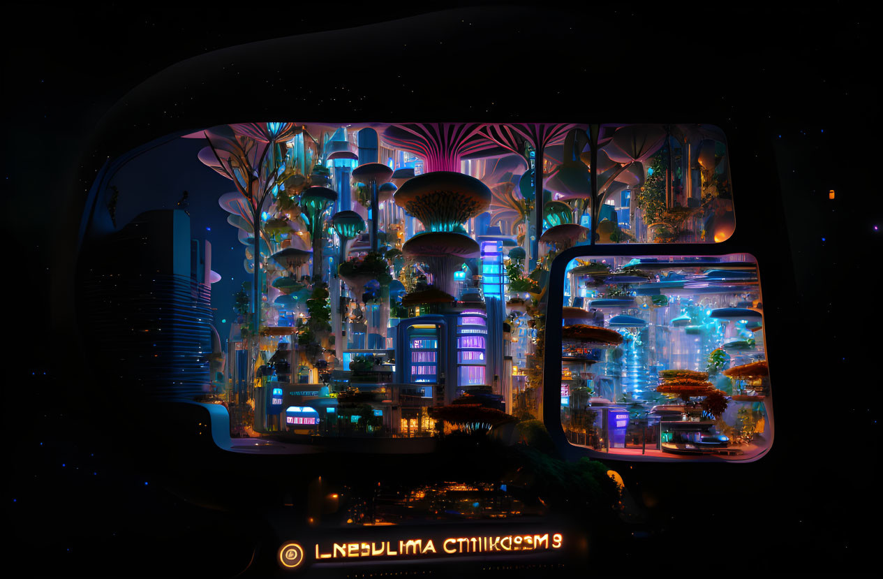 Futuristic Cityscape in Spaceship Structure with Neon Lights