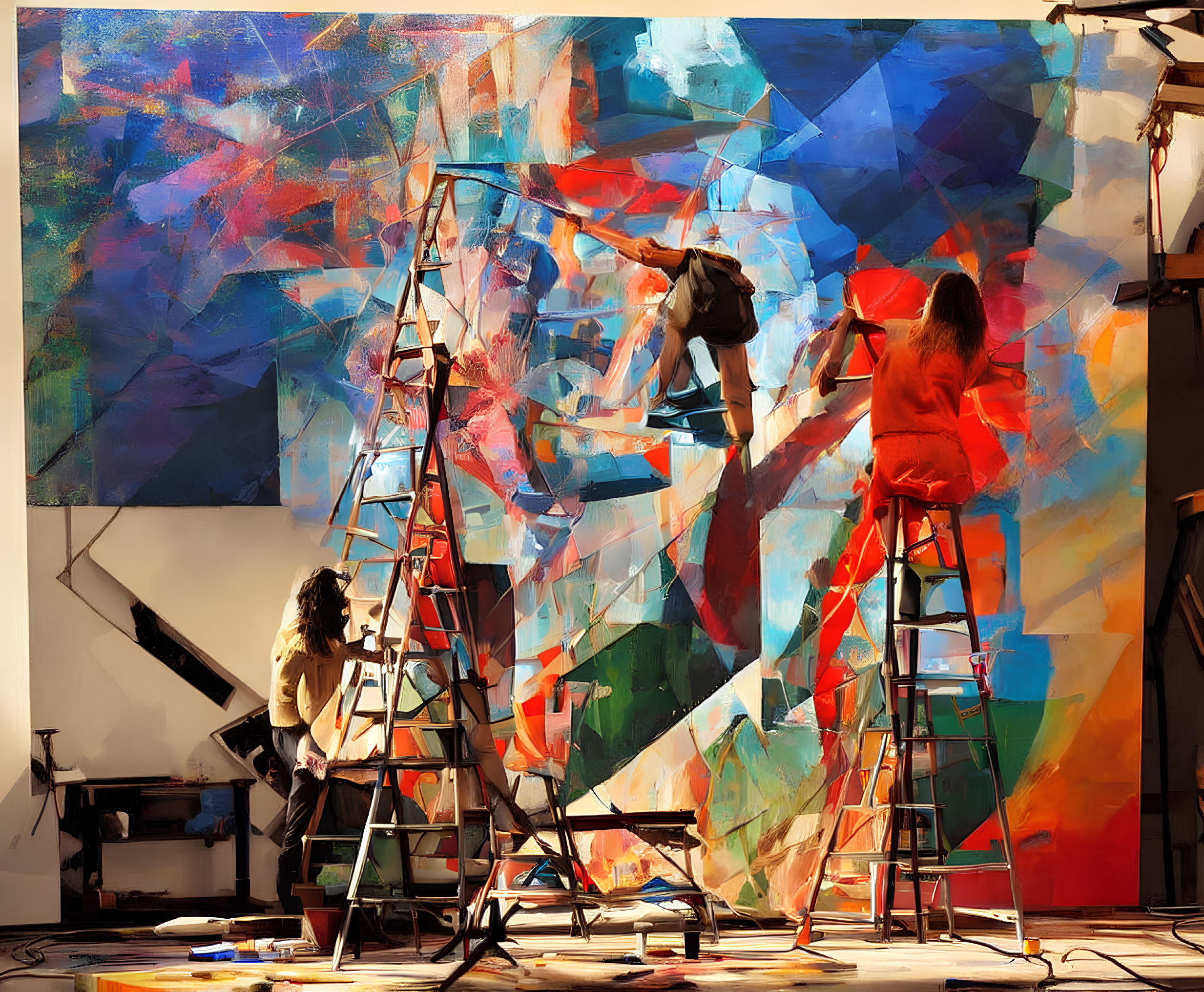 Vibrant abstract mural with artists on ladders