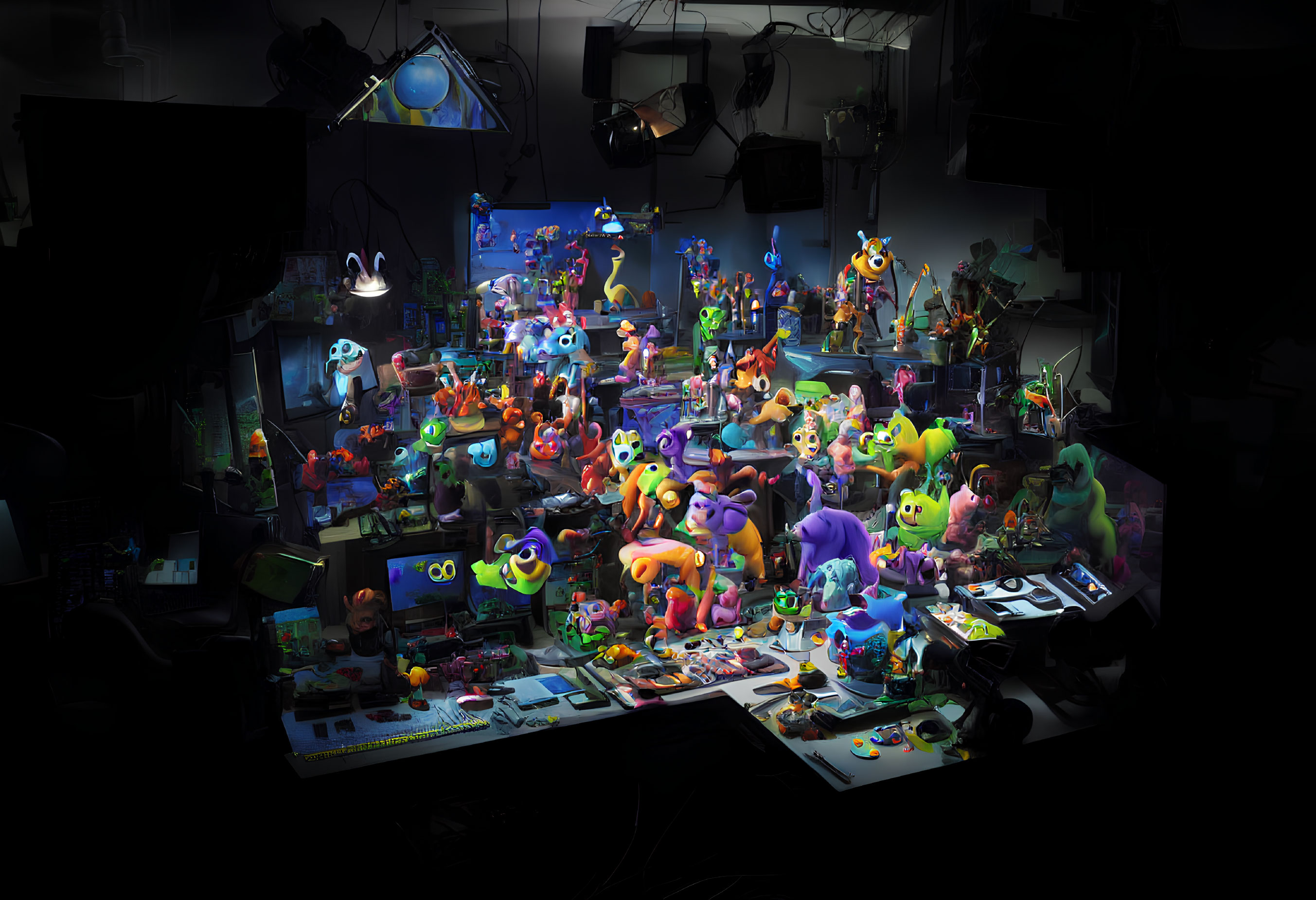 Colorful animated creatures in dark room with monitors and desks