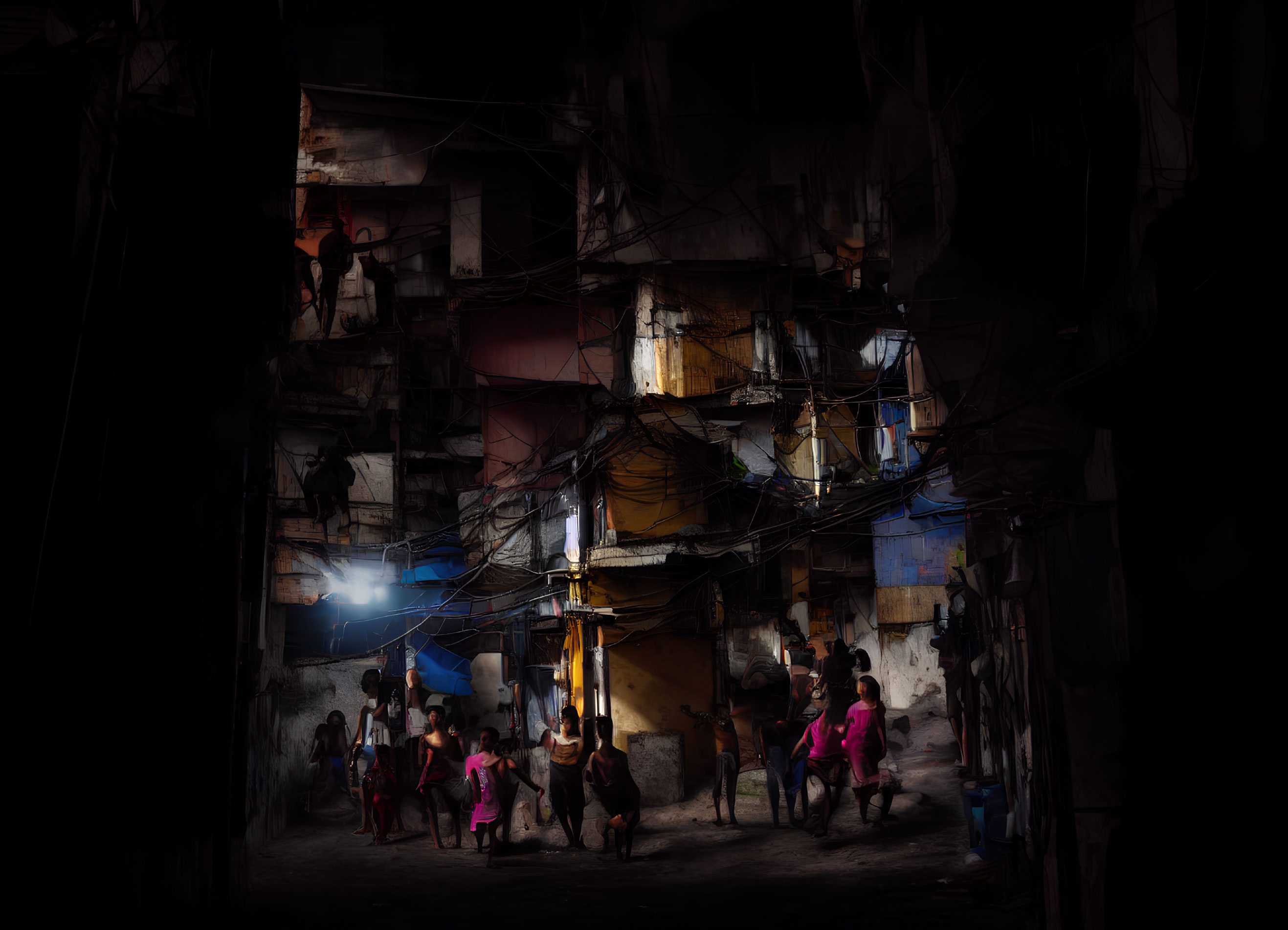 Urban Night Scene: Dimly Lit Alley with Playing Children & Hanging Clothes