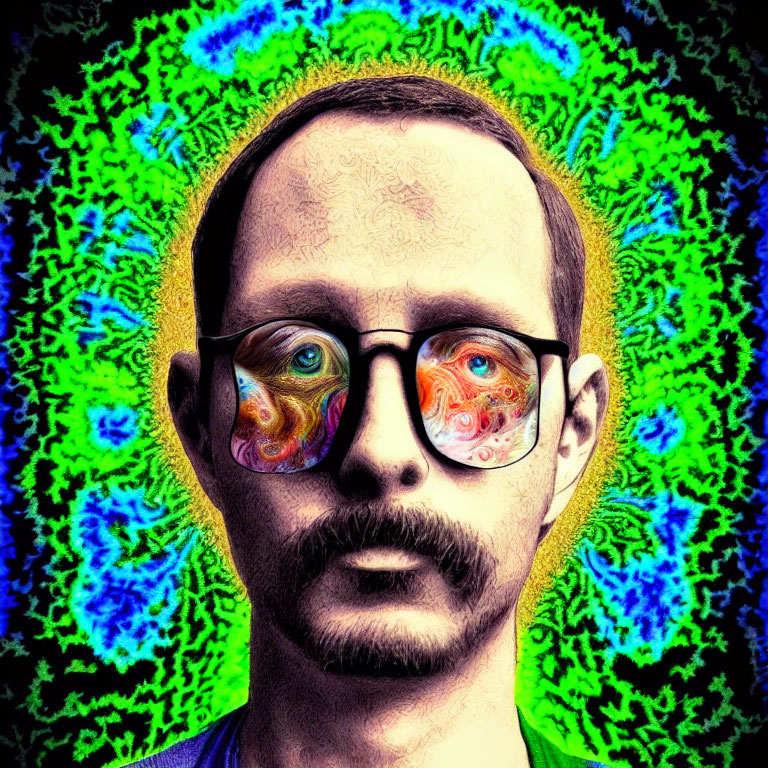 Man with Mustache and Glasses in Psychedelic Fractal Background