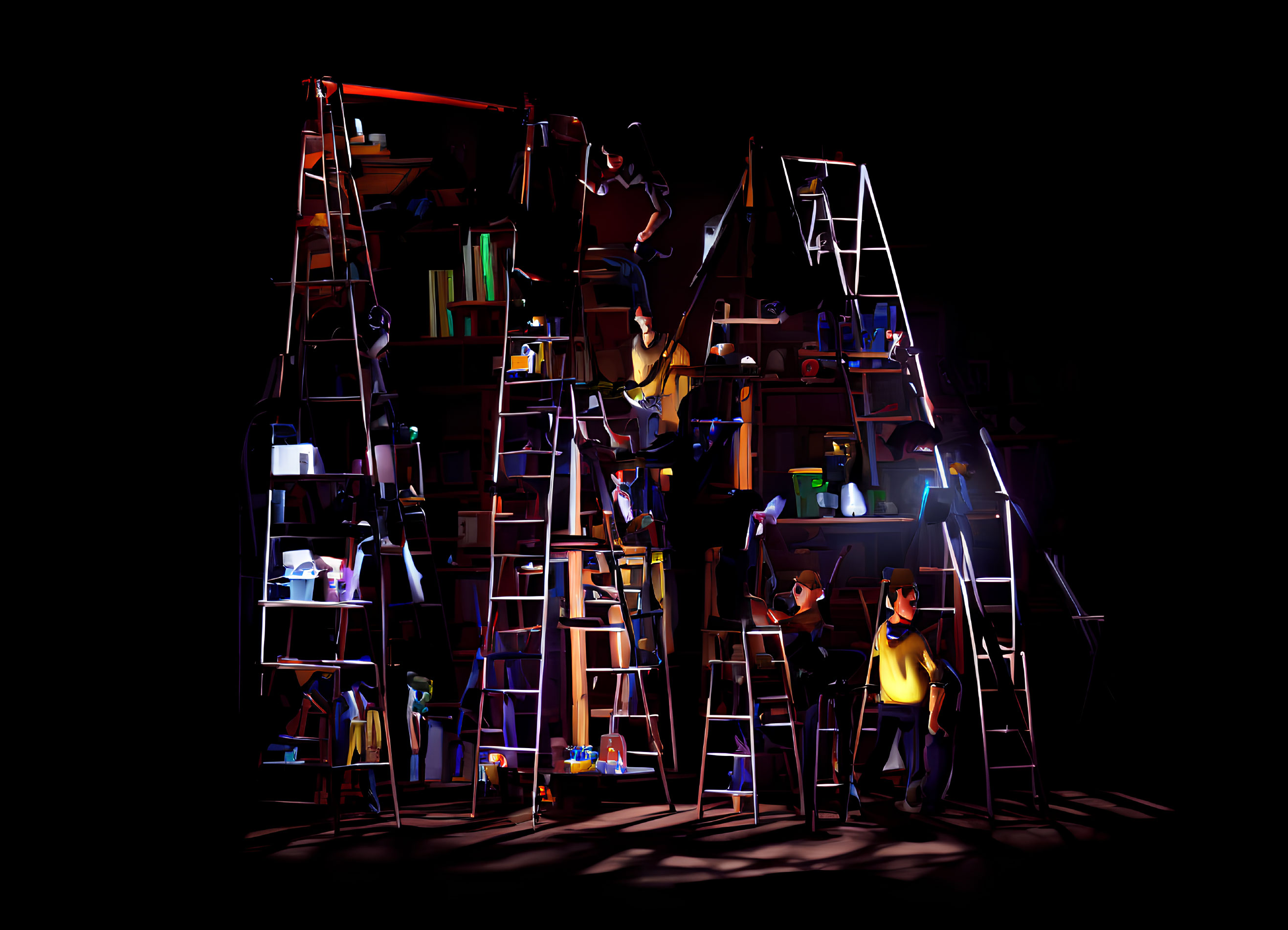 Scene of chaotic shelves with books, objects, and ladders, characters in action