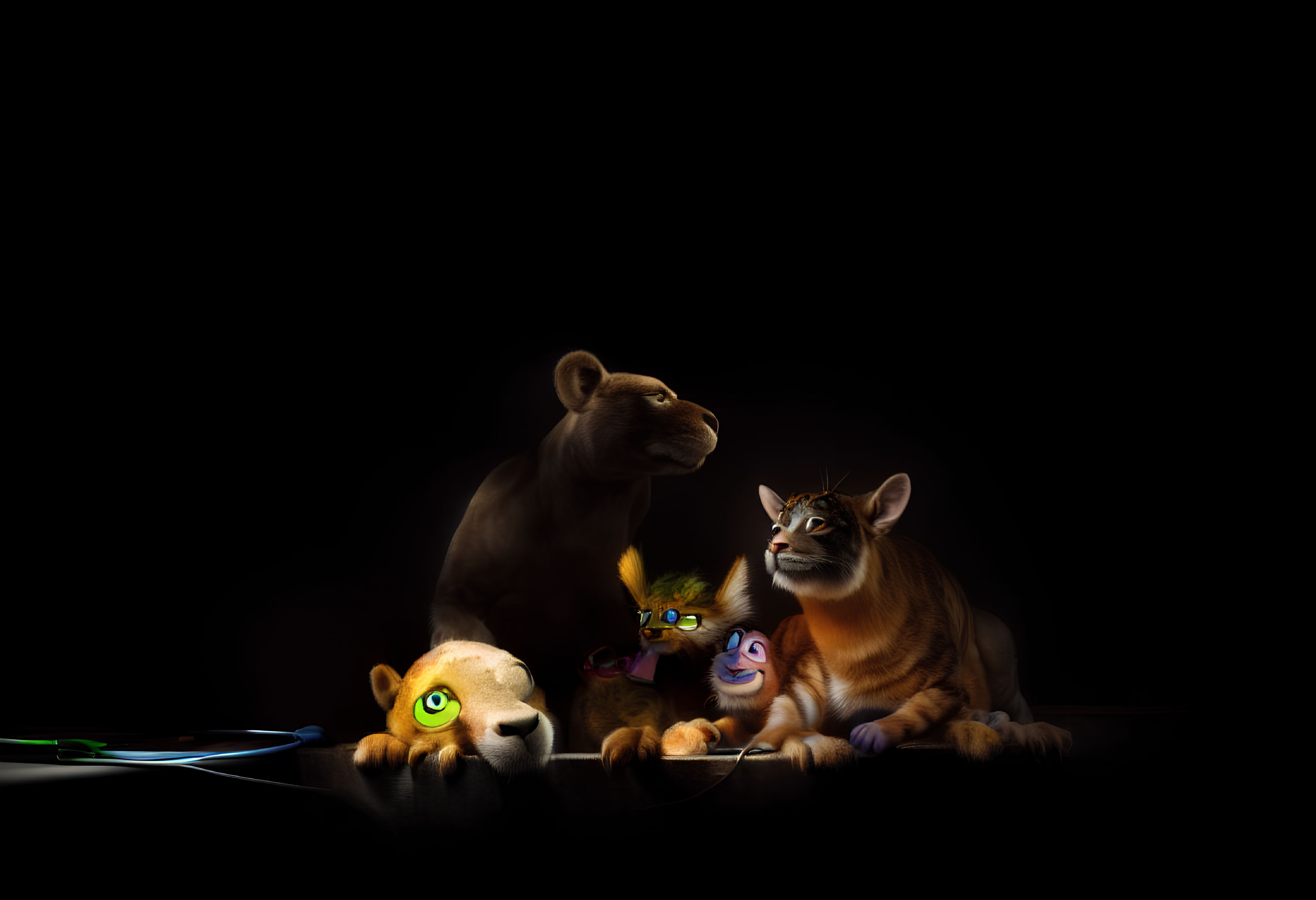 Adorable lion cub with glasses in group scene with meerkat, warthog, and lion