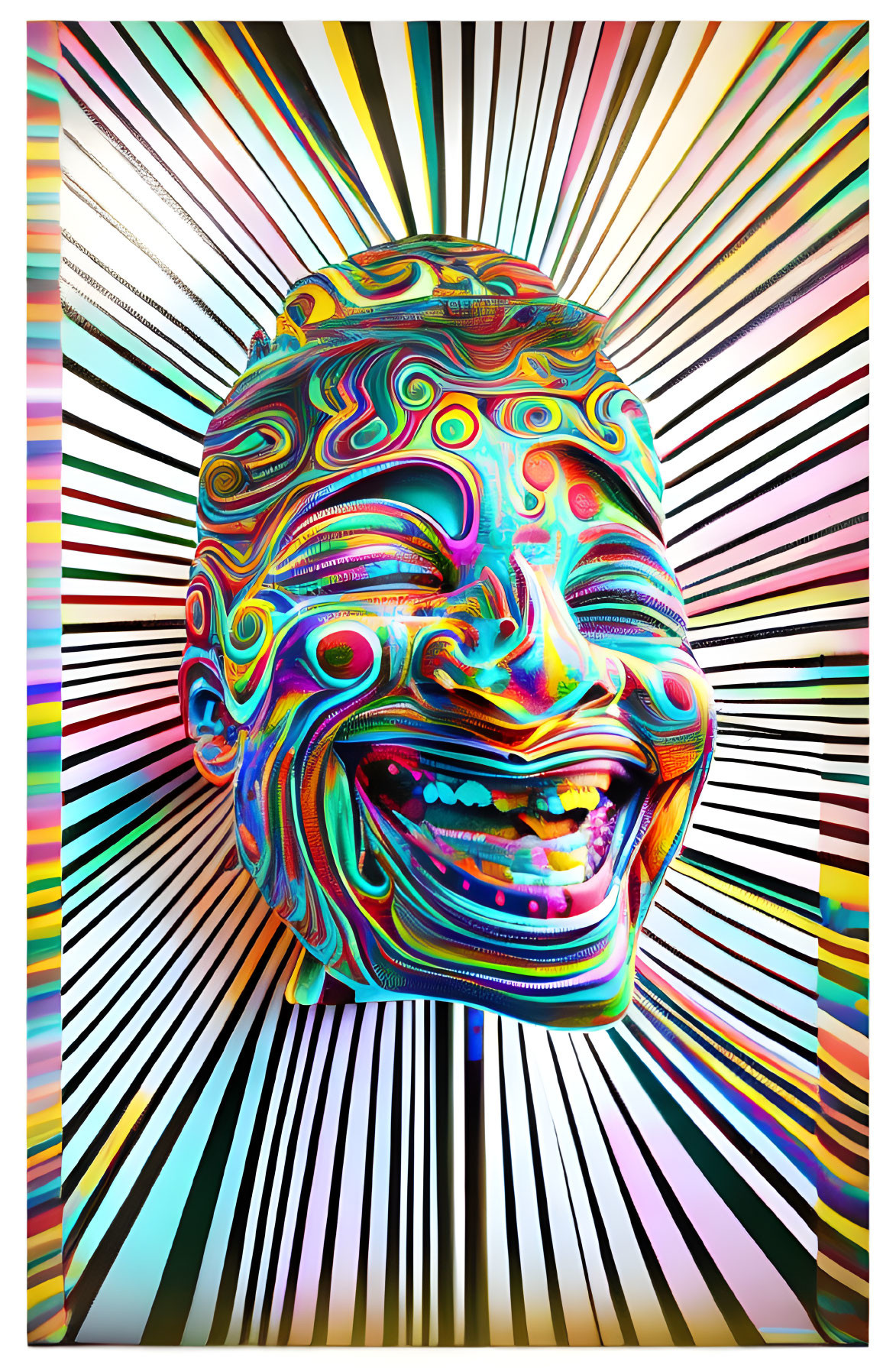 Colorful 3D illustration of a joyful face with psychedelic patterns on radial striped background