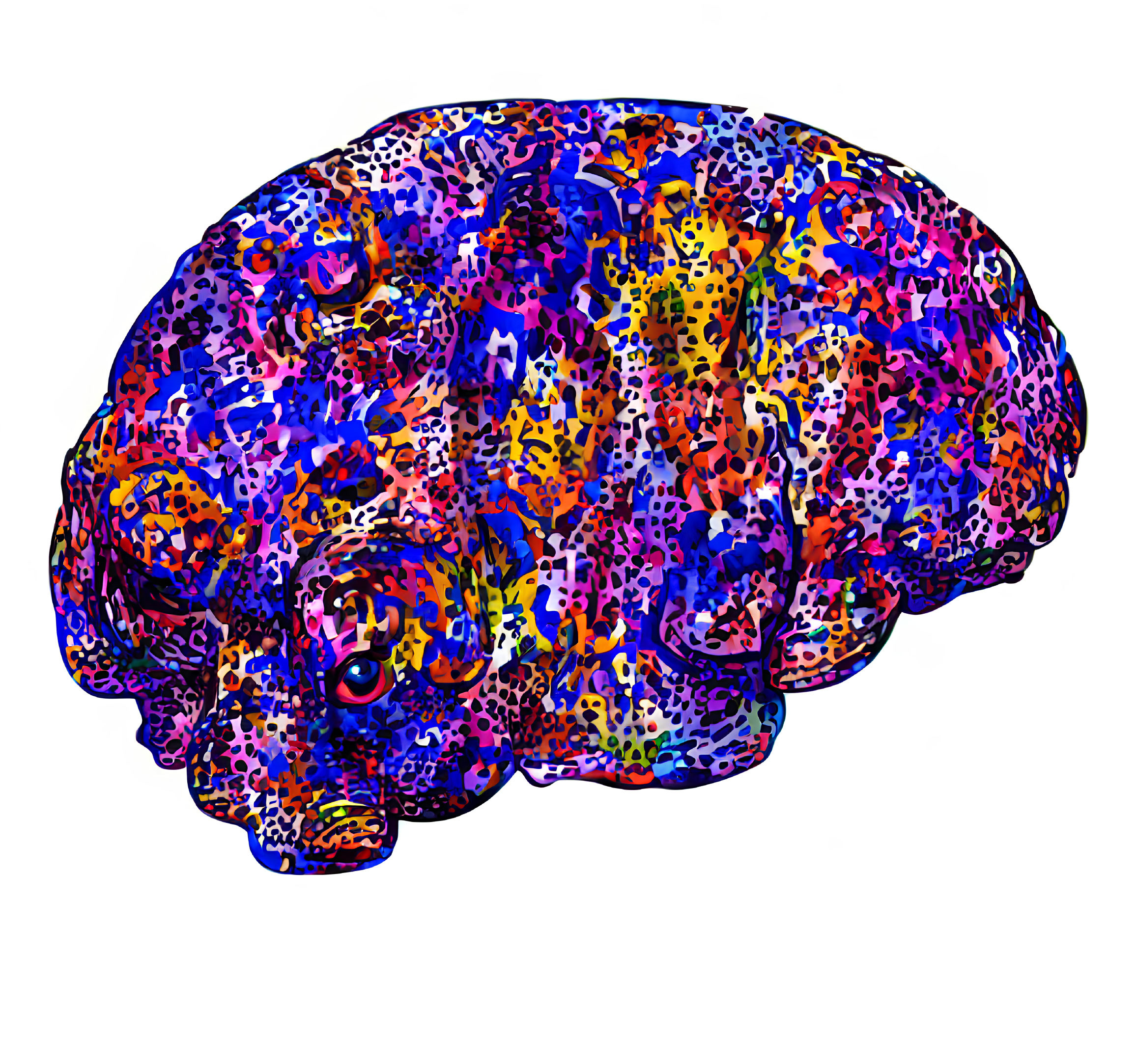 Colorful Abstract Human Brain Illustration with Blues, Purples, Oranges, and Yell