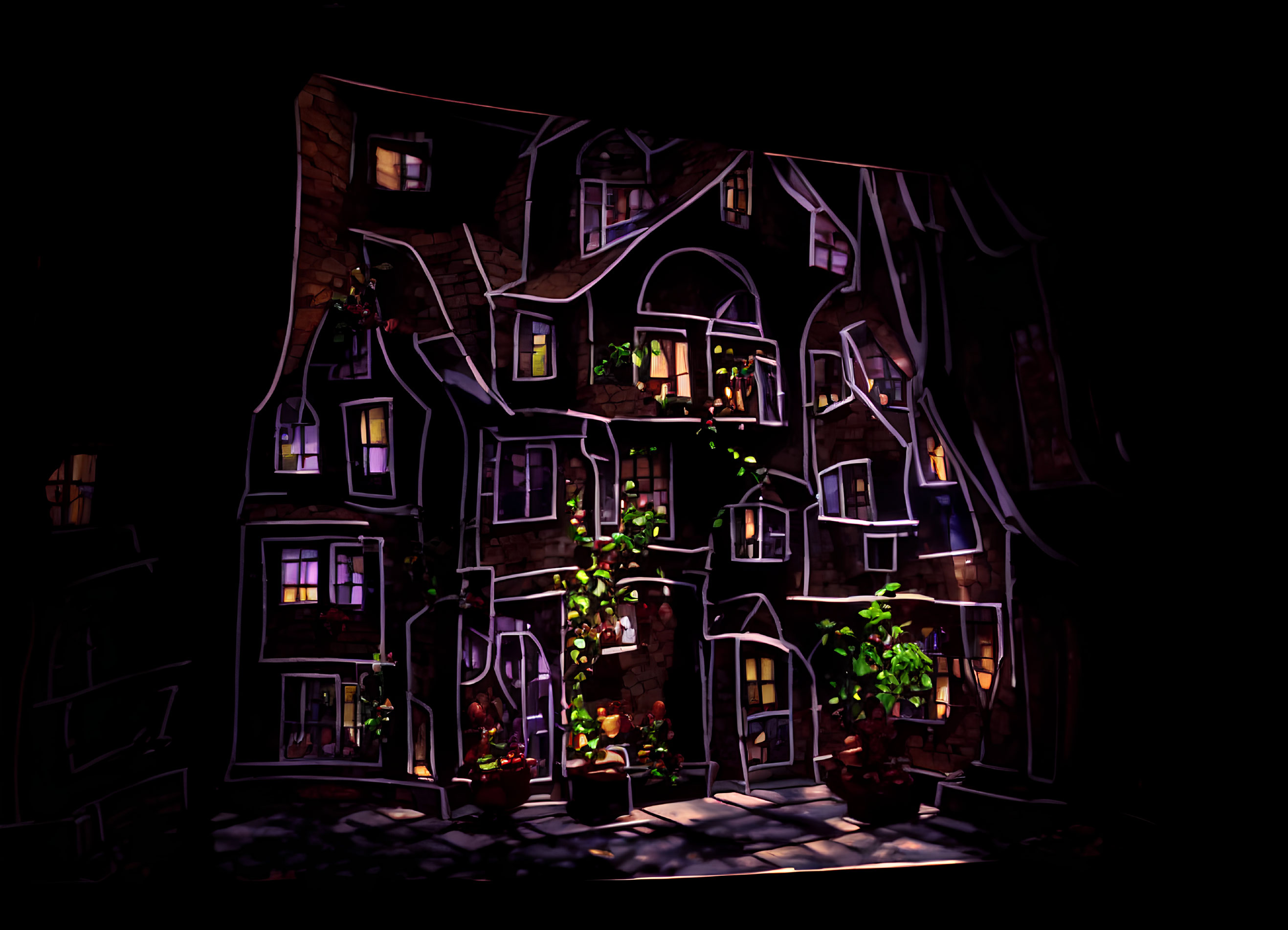 Distorted whimsical building at night with warm interior lights and facade plants