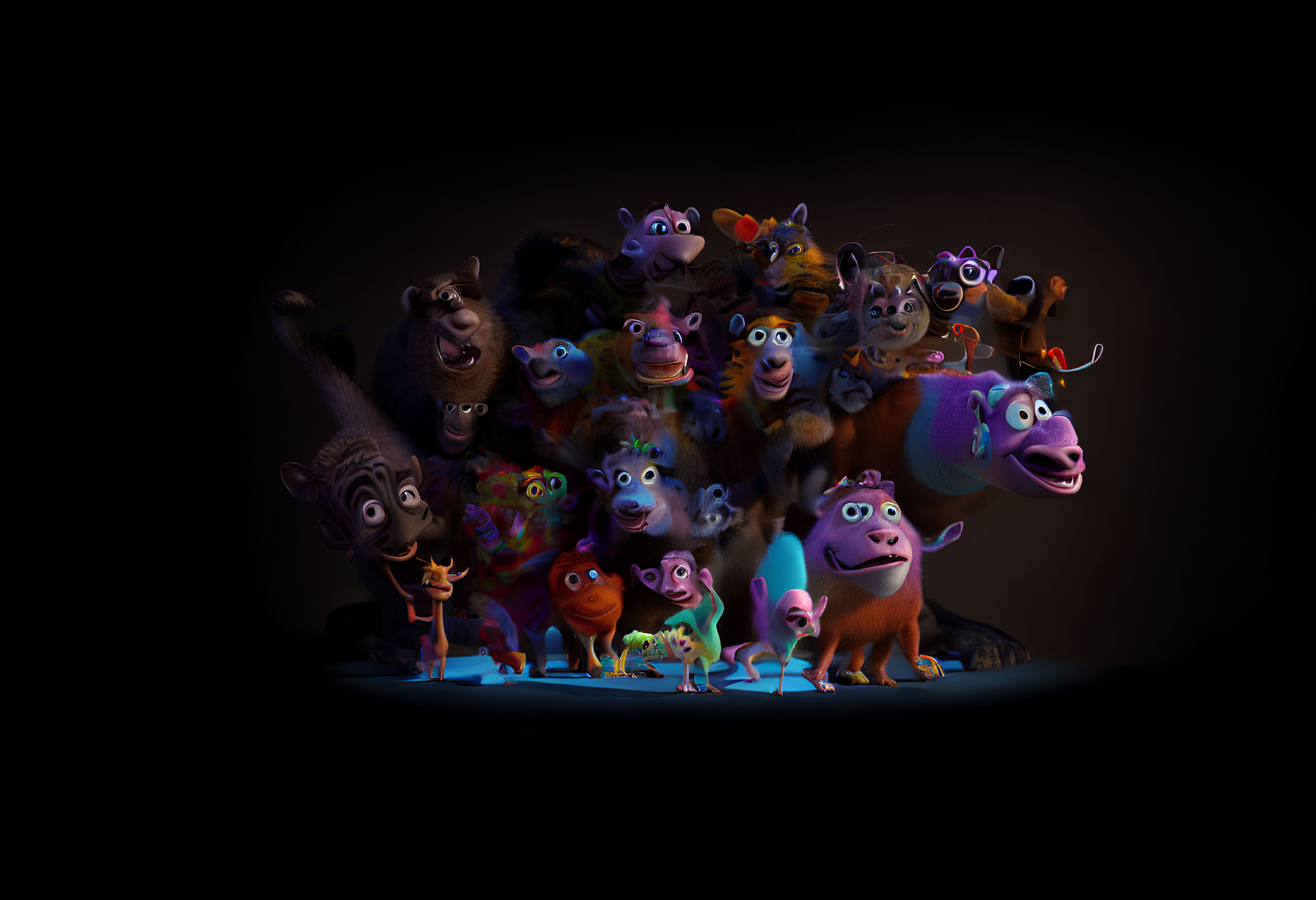 Colorful Animated Animals Standing Together in Spotlight