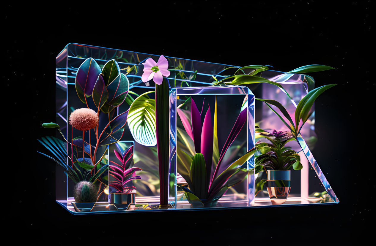 Colorful Tropical Plants in Transparent Geometric Shapes on Starry Night Sky