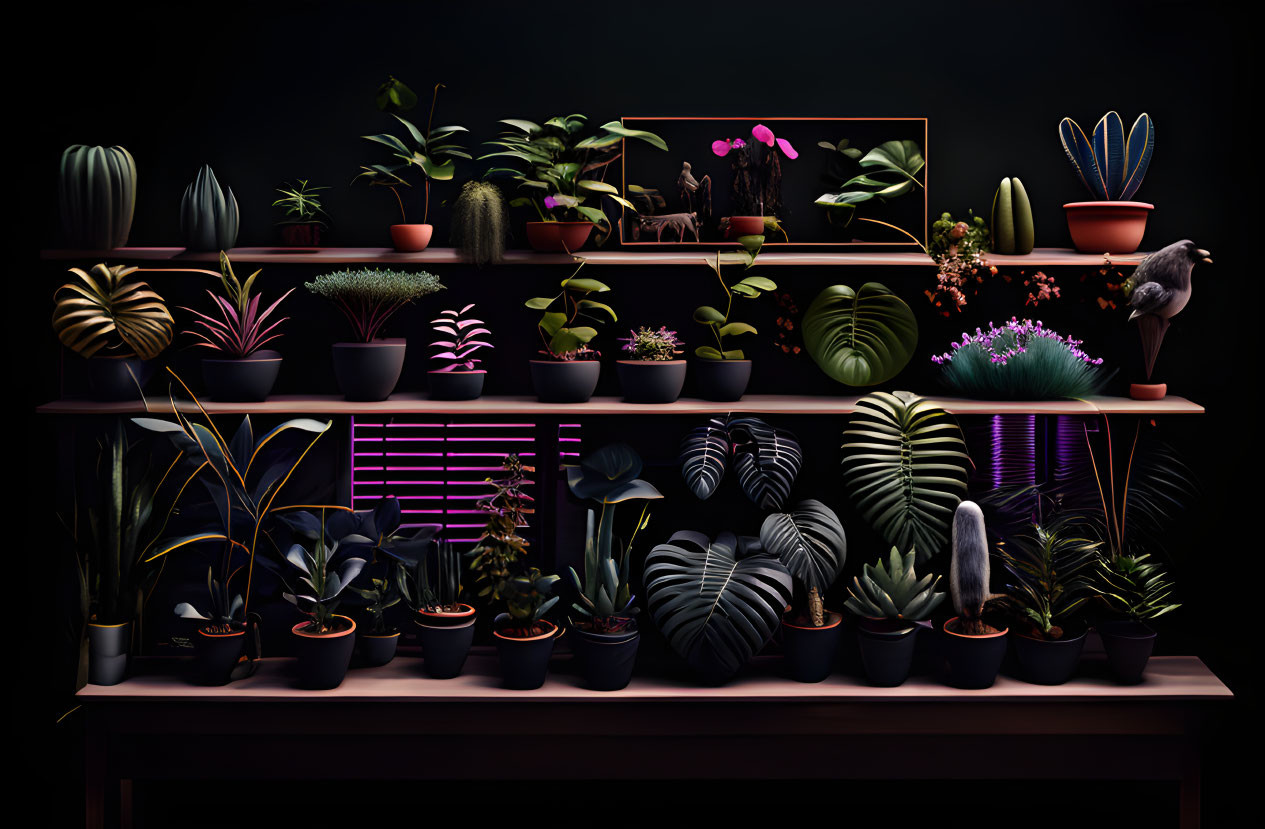 Assorted Potted Houseplants on Shelves with Bird