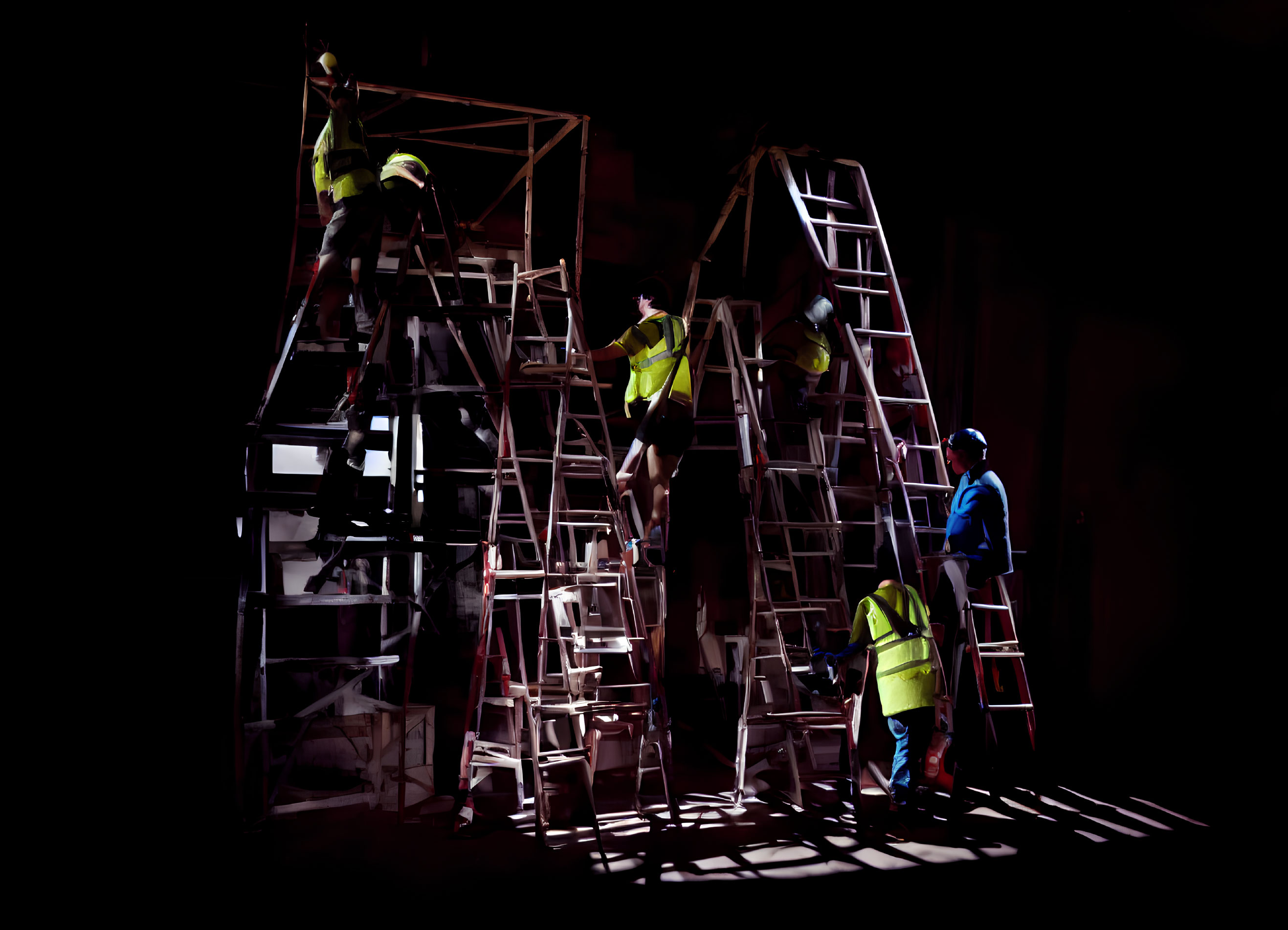 Construction workers in safety gear on scaffolding and ladders in dramatic lighting.