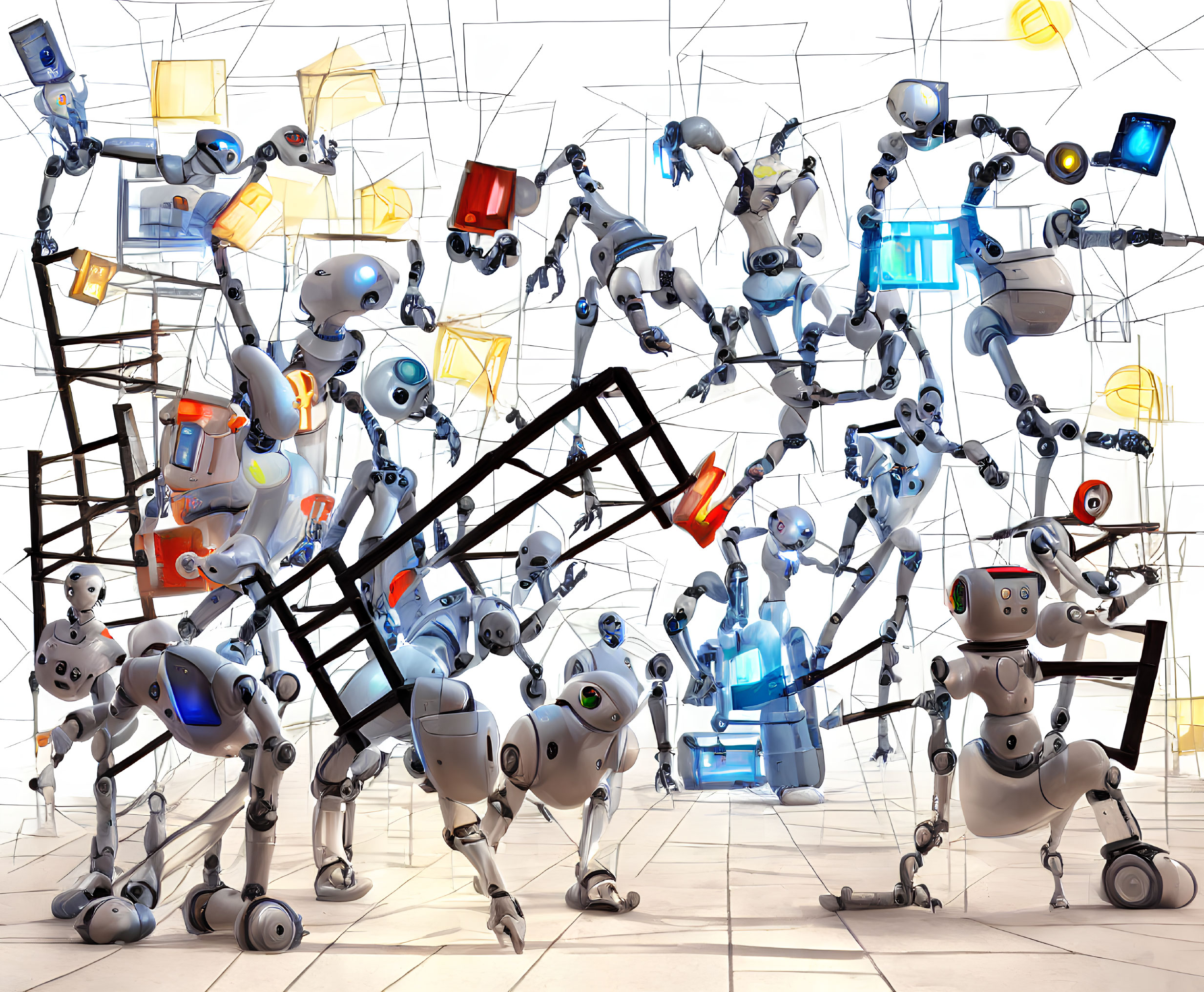 Colorful Cartoon Robots Engaged in Various Activities