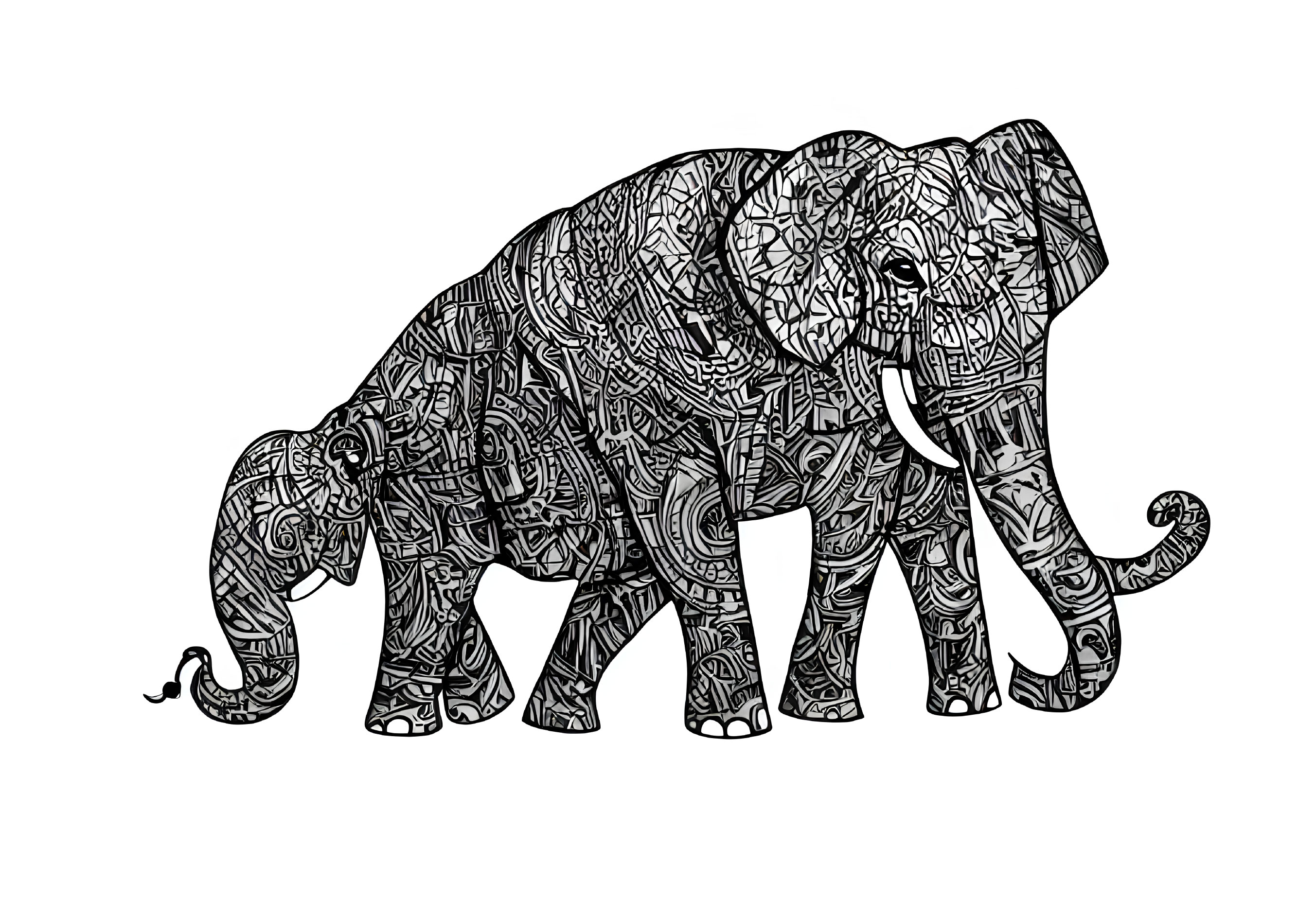 Detailed Elephant Illustration with Intricate Patterns and Geometric Shapes