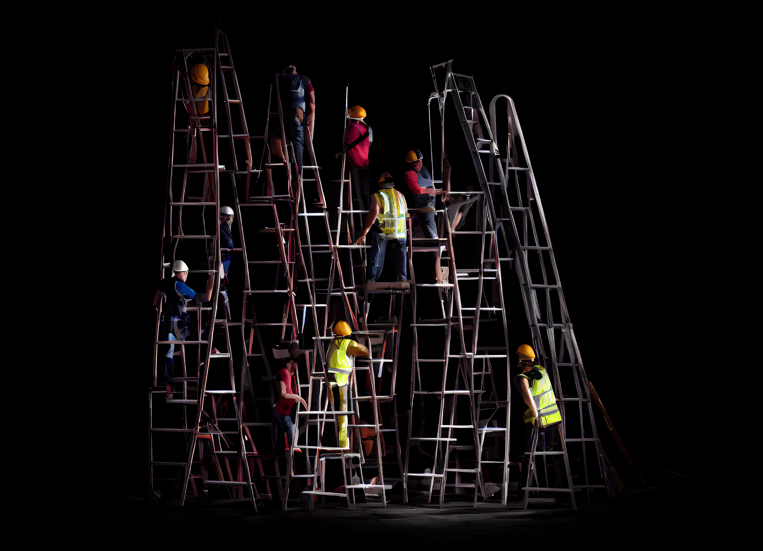 Workers in Safety Gear Climbing Ladders on Dark Background