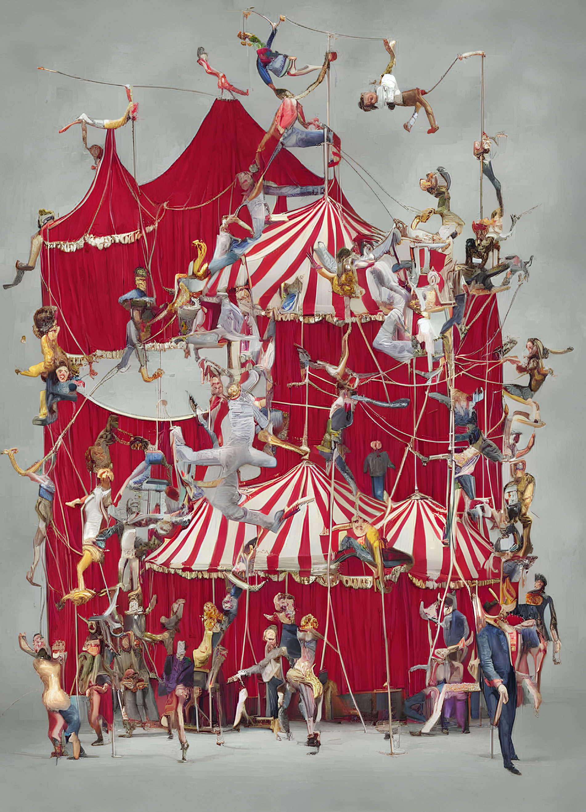 Whimsical circus performers in acrobatic acts by red and white tents