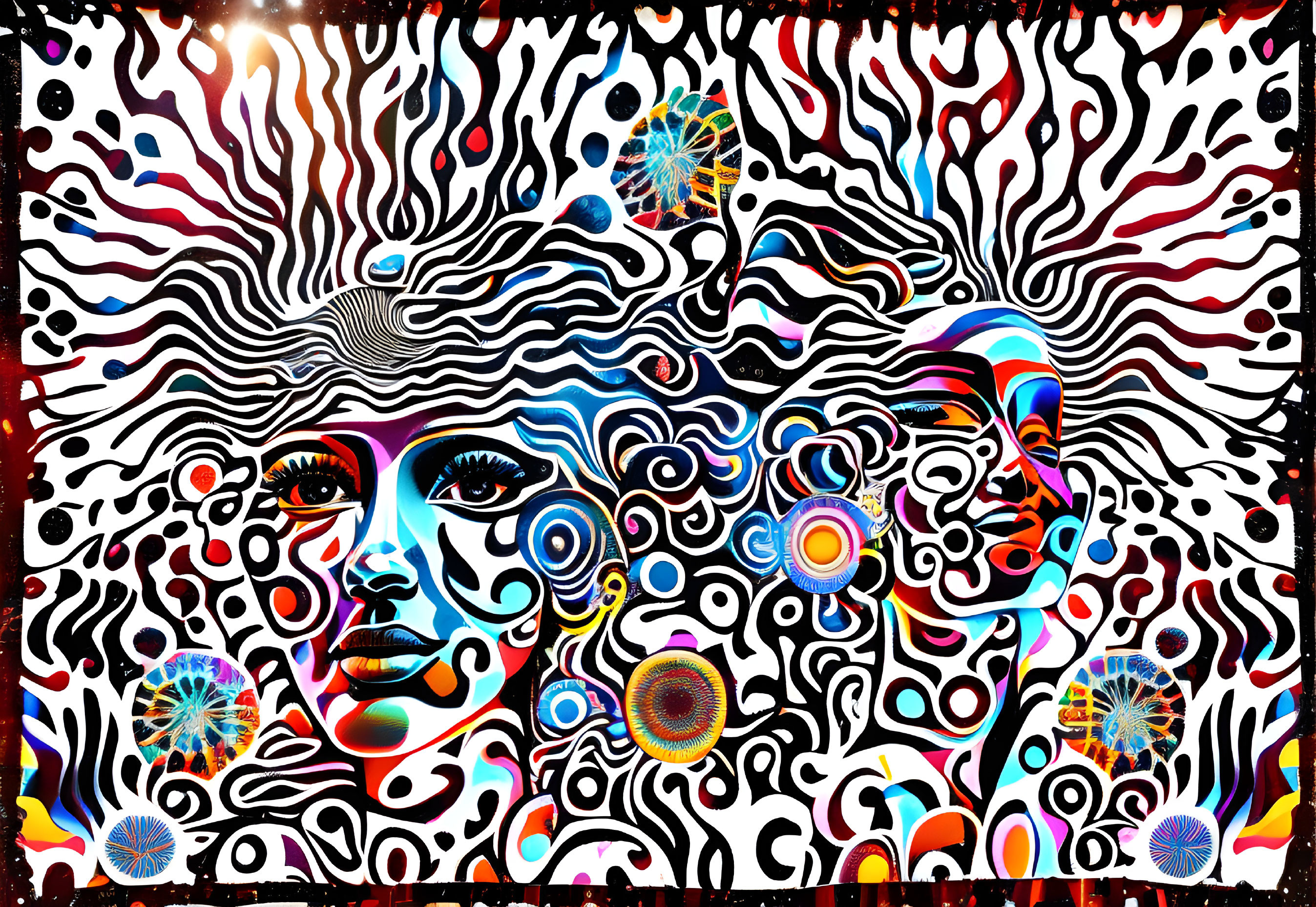 Abstract Psychedelic Artwork: Two Faces, Wavy Lines, Vibrant Colors, Intricate