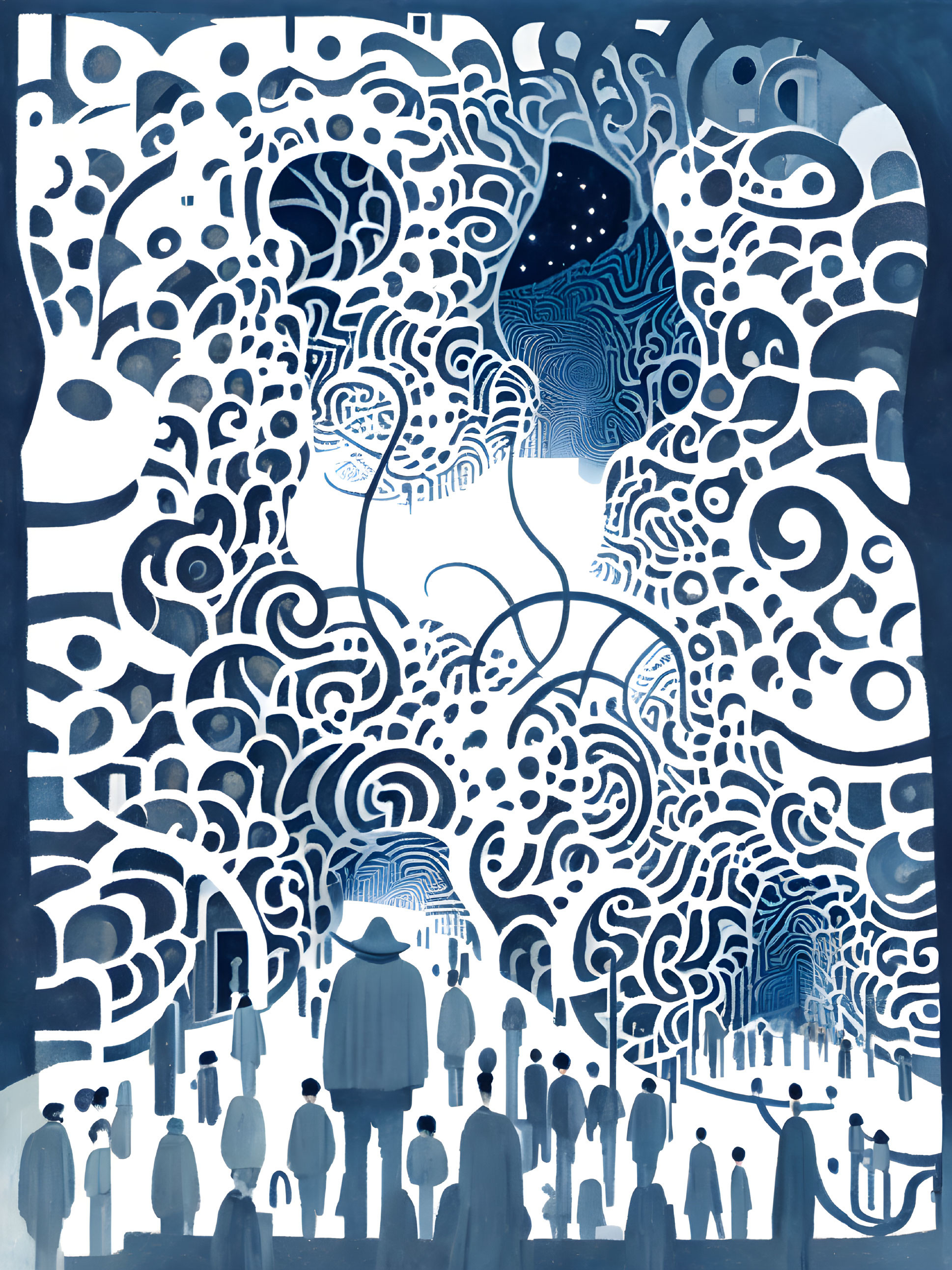 Abstract Blue and White Illustration with Human Silhouettes and Starry Night Sky