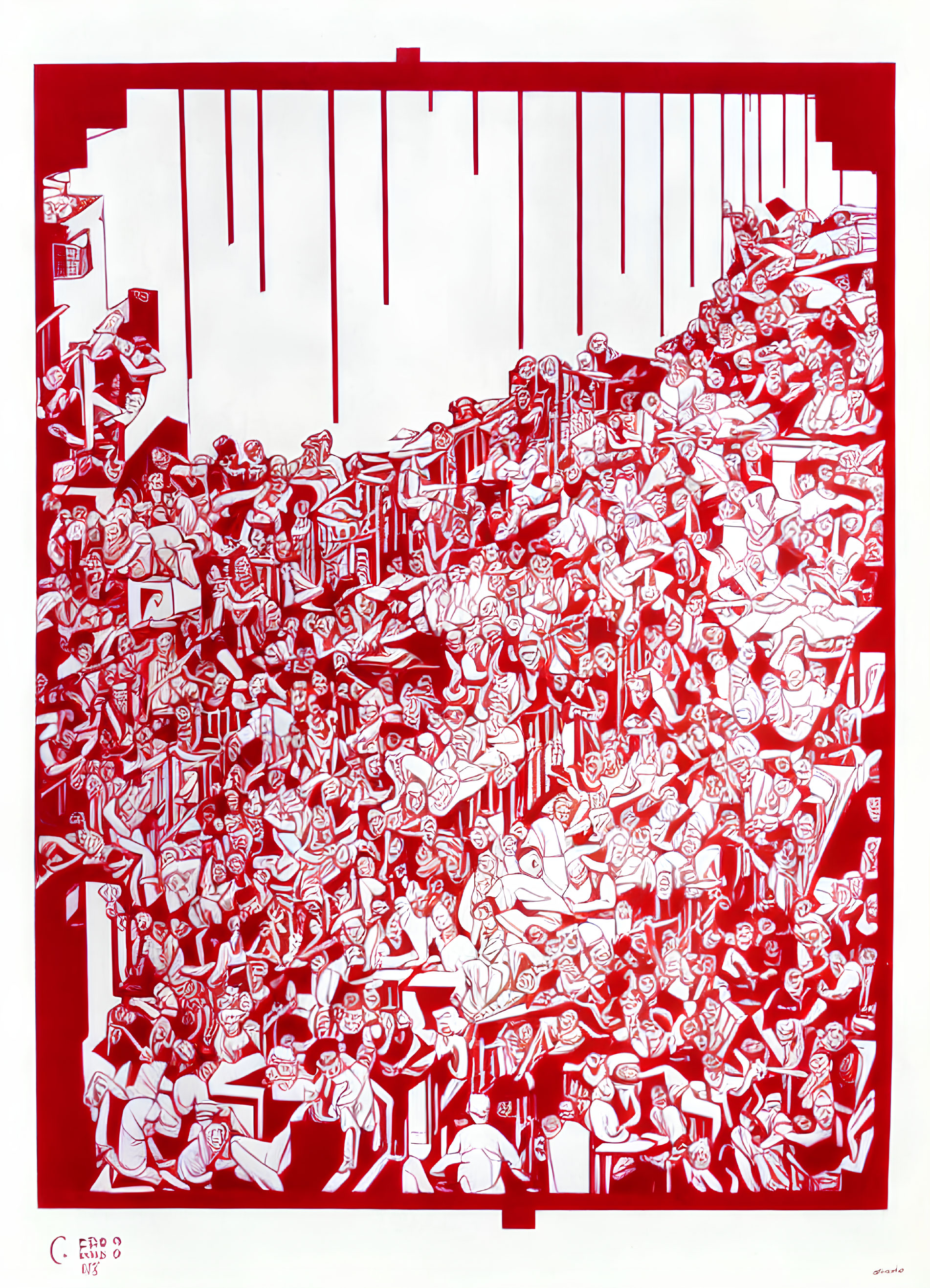 Colorful red and white artwork with chaotic cityscape and barcode-like background